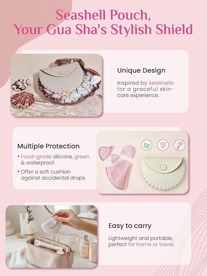 Rena Chris Gua Sha Facial Tools-Ergonomic Rose Quartz Gua Sha for Face Massage, Jawline Sculpting & Puffiness Reduction with Silicone Case (Pink)