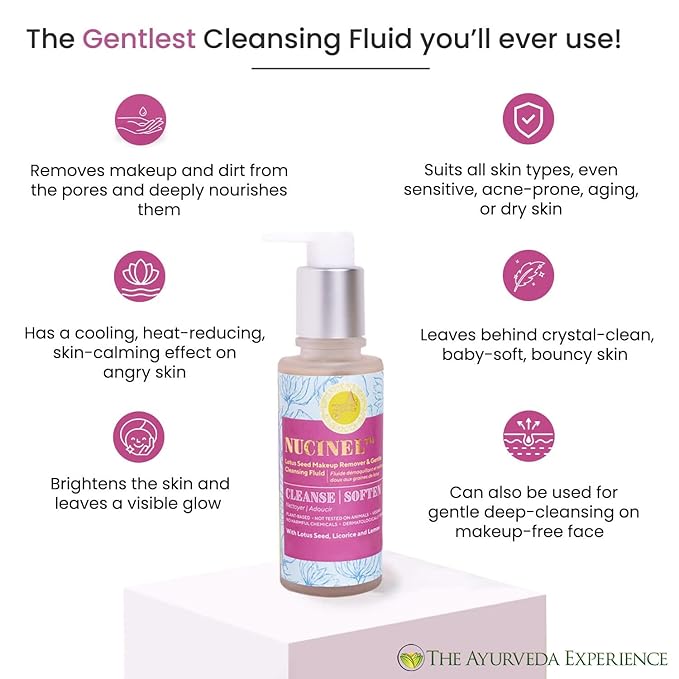 The Ayurveda Experience Nucinel Makeup Remover and Gentle Cleansing Liquid for ALL Skin Types – Power-Clean & Power-Nourish Skin Gently - Dermatologically Tested, 3.5 oz
