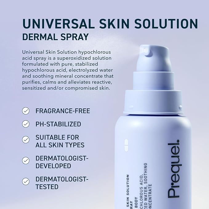 Prequel Skin Universal Skin Solution Hypochlorous Acid Spray for Face and Body. Fine Mist HOCL Facial Cleanser and Dermal Spray with Minerals & Electrolyzed Water - pH-Stabilized Care. 4oz