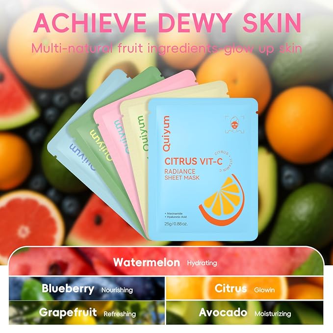 Fruit Face Masks Skincare, Facial Masks for Women, Skin Care for Teens Girls 10-12, Sheet Masks Beauty with Natural Ingredients, Moisturize & Soothe for All Skin Type, Birthday Party Spa Gift 25 Pack