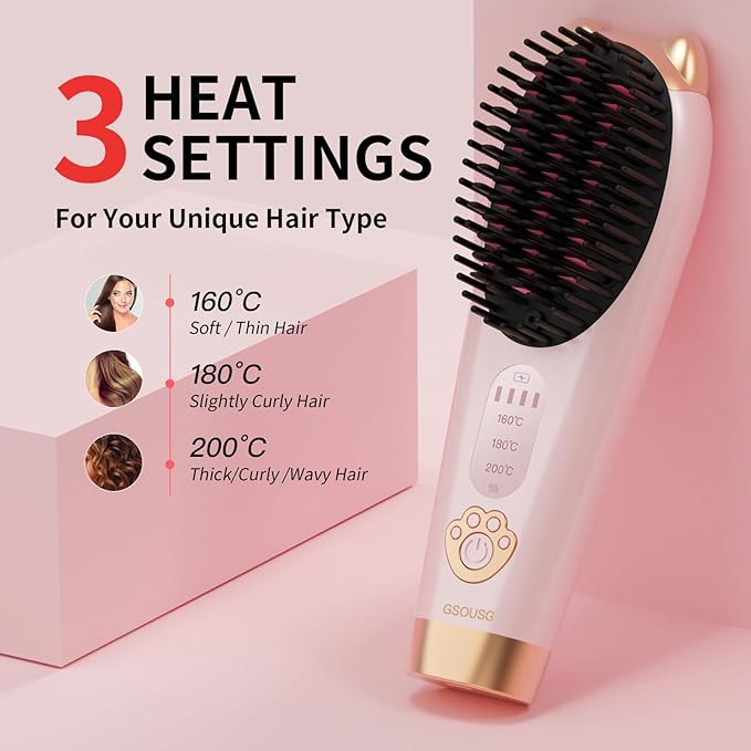 Cordless Hair Straightener,Portable Hair Straightening Brush for Travel, Mini Hot Straightening Comb for Women,Anti-Scald, LED Display & Fast Heating (Pink)