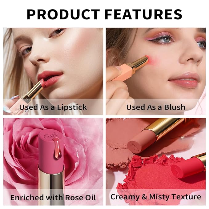 Oulac Nude Matte Lipstick for Women, Lipstick & Blush Duo, Peach Creamy Soft Satin Finish Lipsticks, Moisturising Formula, Rich Color Lightweight Lip Balm, Rose Oil, Vegan & Cruelty-Free| 3.6g (Y08)