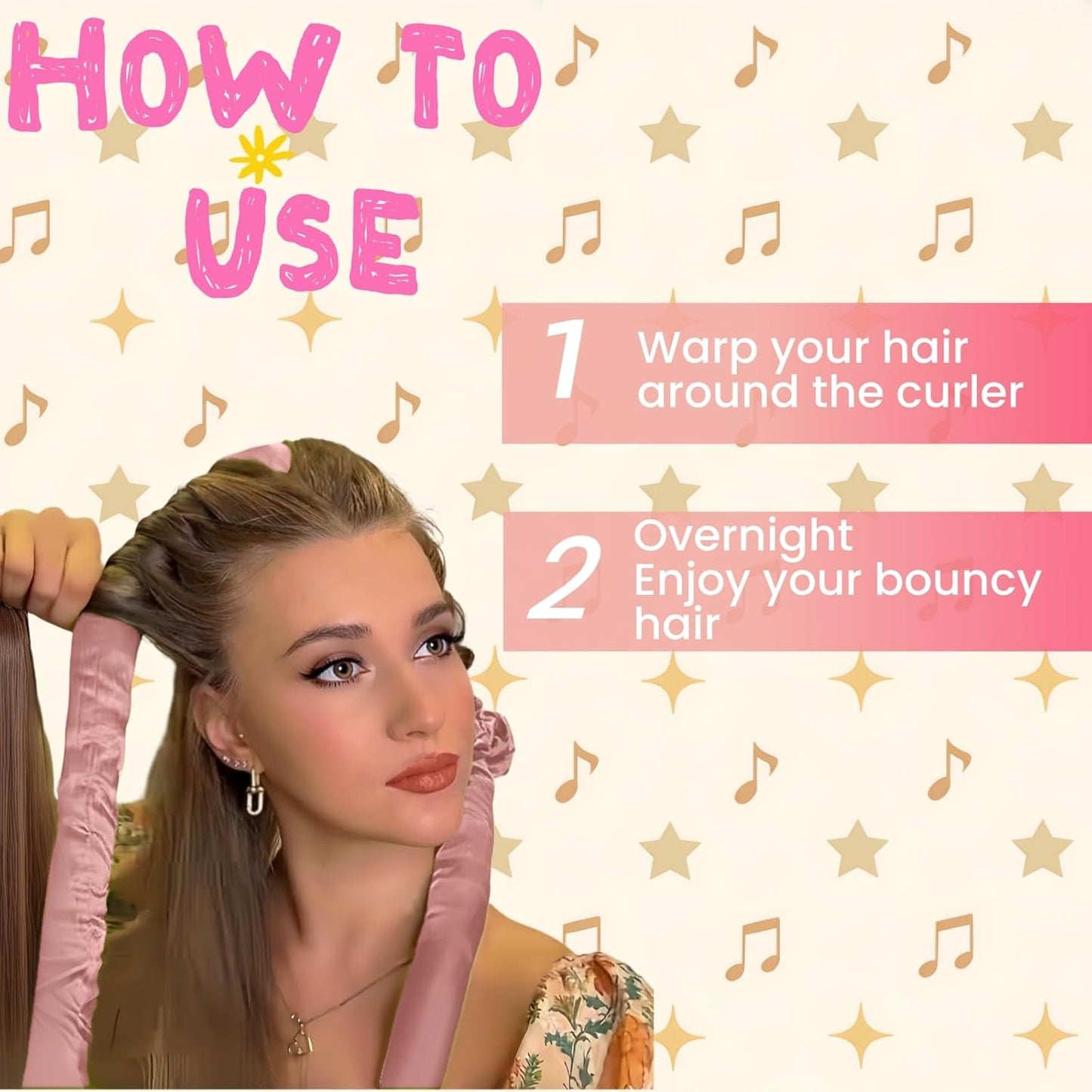 Serenade Textured Satin Heatless Curls Overnight, Heatless Hair Curler Curling Set for Women and Girls to Sleep in, with 2 Satin Scrunchies and 1 Clip for Overnight Curls, Pink