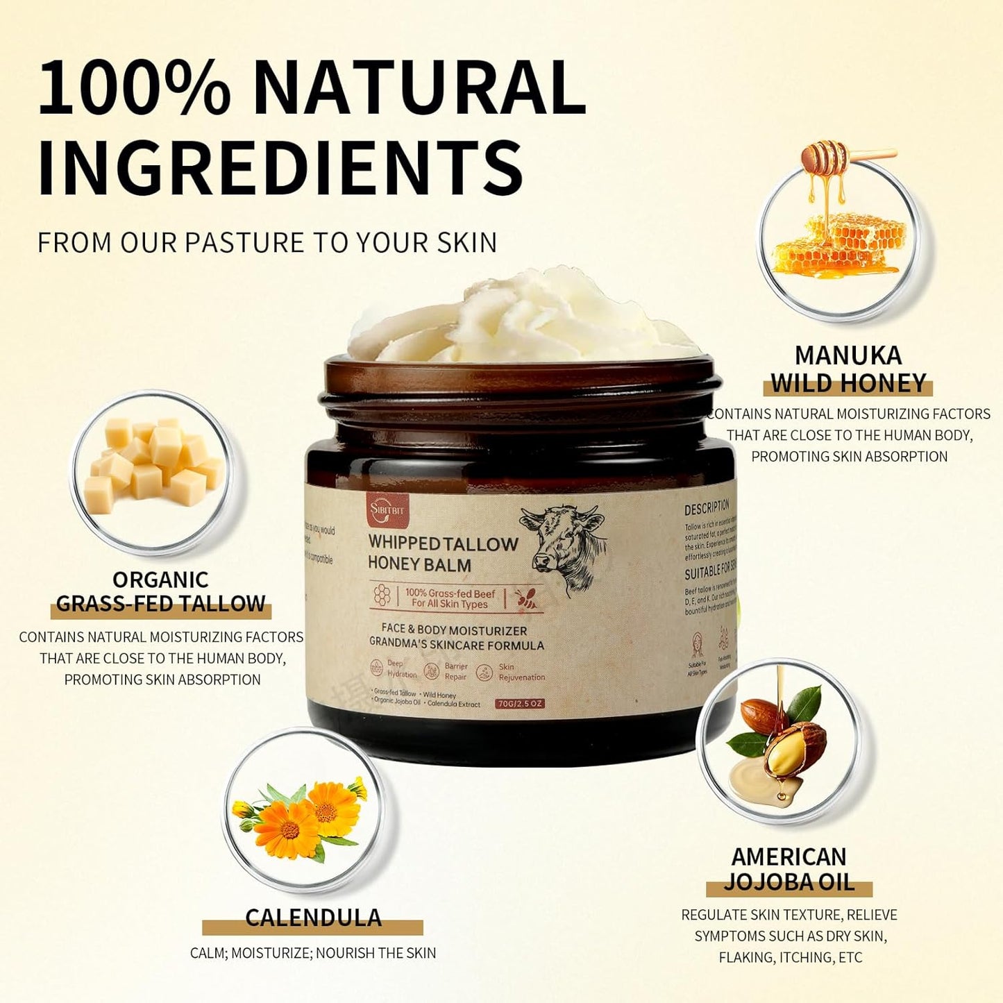 Beef Tallow for Skin, Beef Tallow Honey Balm-100% Organic Grass-Fed-handmade Whipped-Face & Body Moisturizer cream，with Manuka Wild Honey, Natural Skin Care for Sensitive, Dry Skin, Body Lotion. 2oz