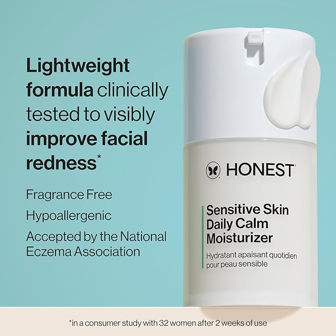 Honest Beauty Sensitive Skin Daily Calm Lightweight Moisturizer, Reduces Redness, Hydrates, Hypoallergenic, Fragrance-Free Vegan, 1.7 fl oz