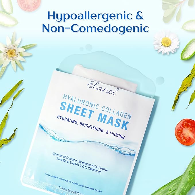 Ebanel 20 Pack Collagen Peptide Hydrating Face Masks, Instant Brightening Firming Anti Aging Face Sheet Masks, Moisturizing Spa Facial Mask Skincare with Hyaluronic Acid, Vitamin C, Chamomile, Aloe