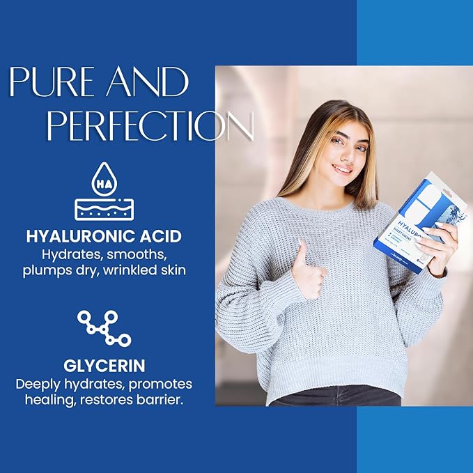Hyaluronic Acid Sheet Face Mask - Skin Firming, Anti-Aging, Moisturizes & Plumps Skin - Dermatologist Tested, Cruelty-Free Korean Skin Care for All Skin Types - 5 Masks