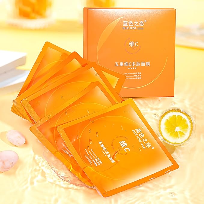 BLUE LOVE 10-Pack Vitamin C Facial Masks for Women Man – Deeply Hydrating & Firming Sheet Masks for Daily Skin Care, Enriched with Essential Vitamins for Radiant Skin