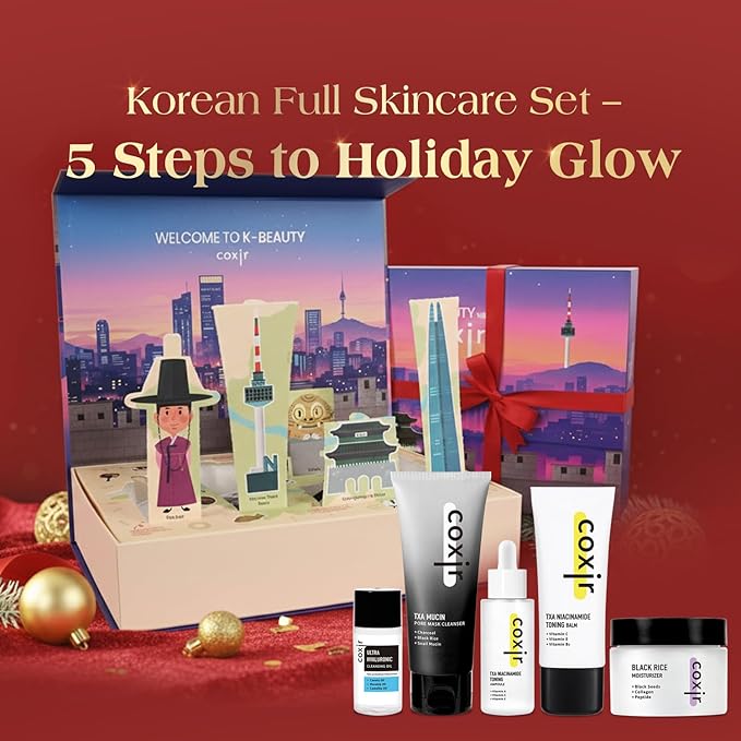 [New Years Gift Set] coxir K-Beauty Seoul Glow Set – 5-Step Korean Skincare Routine with TXA & Black Rice – Cleansing oil, Mask Cleanser, Ampoule, Balm & Moisturizer,korean skincare,Holiday Gift