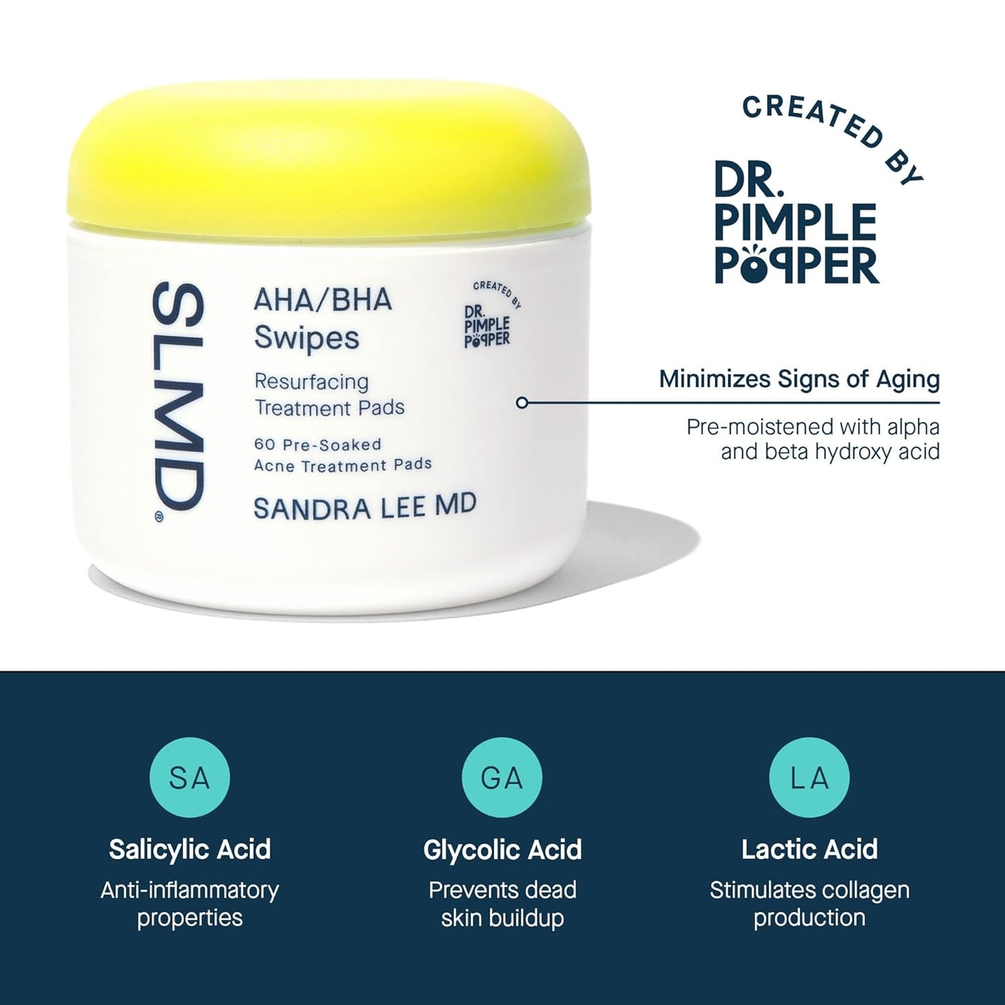SLMD by Dr. Pimple Popper - AHA BHA Toner Pads Swipes, Salicylic Acid, Glycolic Acid & Lactic Acid - Daily Resurfacing Pads for Face & Body - Facial Exfoliating Resurface, Treat, and Prevent Acne