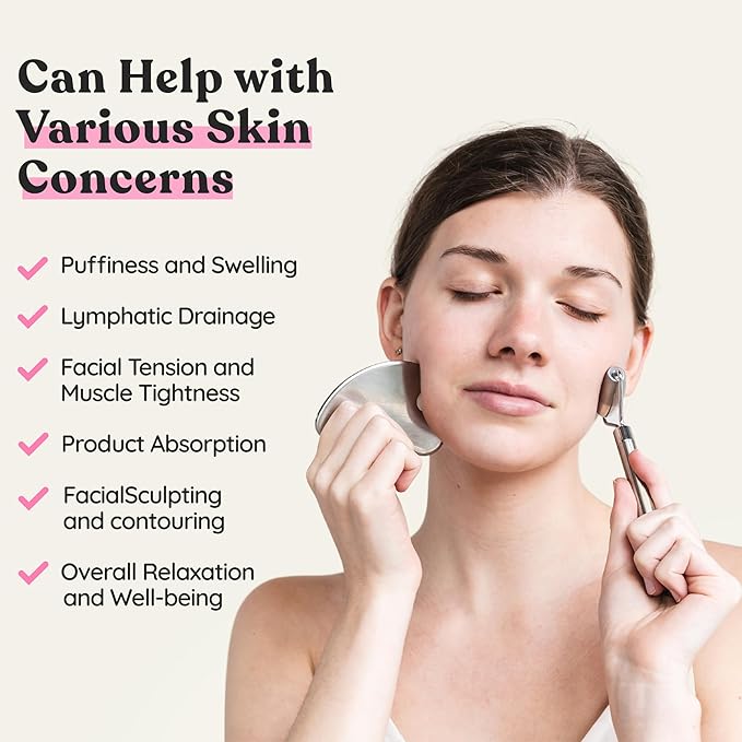Stainless Steel Face Roller - Premium Gua Sha Facial Tools Stainless Steel GuaSha Tool and Face Roller Set - Gua Sha Stainless Steel Gua Sha Tool - Metal Face Roller and Gua Shua Set - Spa Gifts