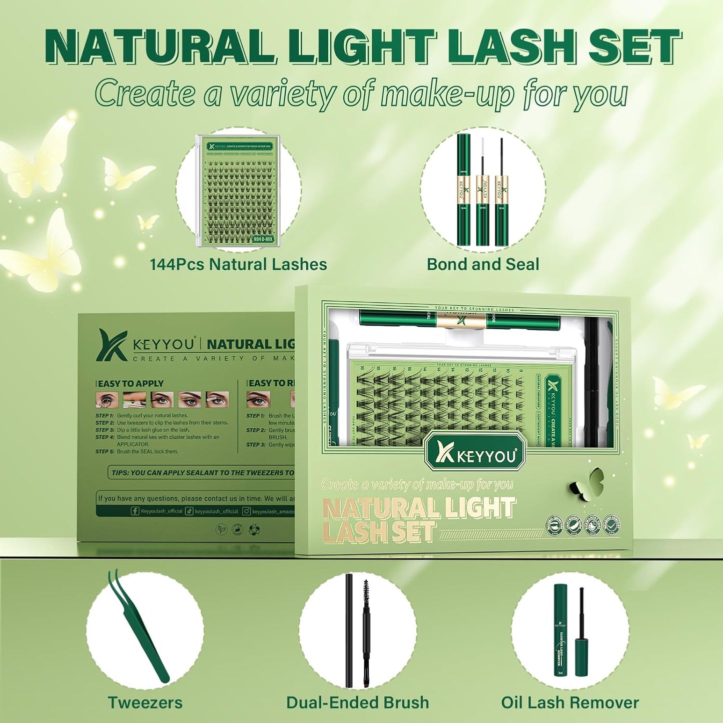 Natural Lash Clusters Kit 144Pcs DIY Lash Extension Kit Wispy Eyelash Extensions Kit D Curl 8-18MIX with Bond and Seal and tweezers with Thin Lash Band by KEYYOU（KIT-N04-D-8-18MIX）