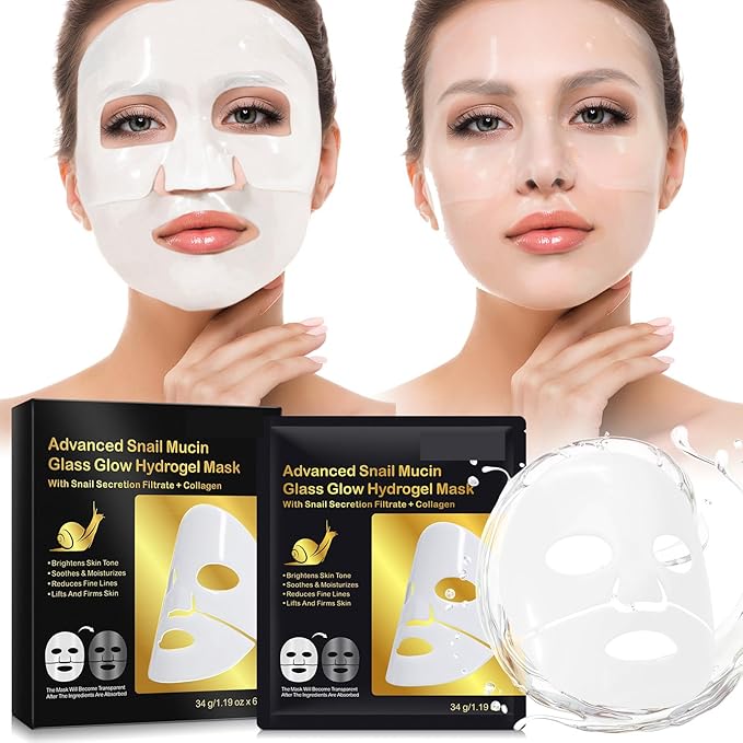 6 Pack Snail Mucin Glass Glow Hydrogel Face Masks Skincare, Snail Mucin Serum Face Mask Deep Hydrating for Women, Glass Skin Collagen Face Mask Korean Skincare for All Skin Types