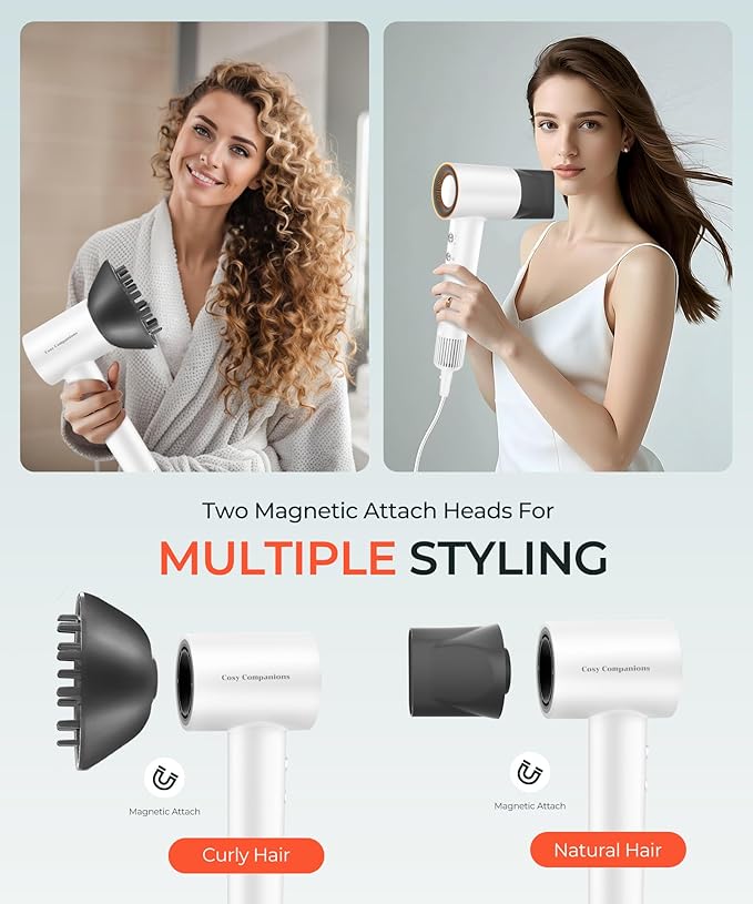 Hair Dryer, 150000 RPM High-Speed Blow Dryer with 500Million Negative Ions for Fast Drying, Lightweight & Thermo-Control, Hair Dryer with Diffuser and Nozzle, Ideal for Salon & Travel, White