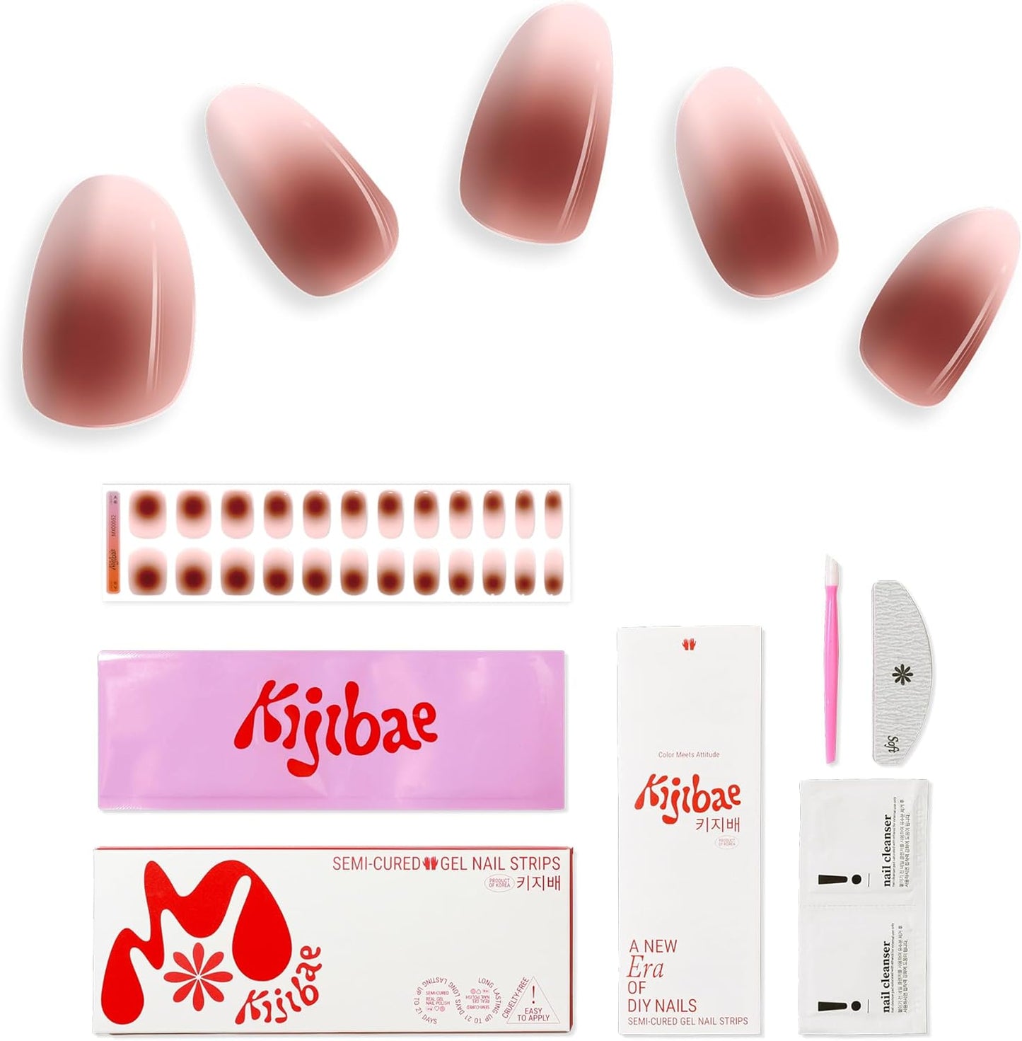 Semi Cured Gel Nail Strips - Minimalist Ombre Nail Polish Wraps, Works with Any UV Lamp - Long Lasting Easy Salon Manicure - 24pcs with 2 Prep Pads, Nail File & Cuticle Stick (Chocolate Bar)