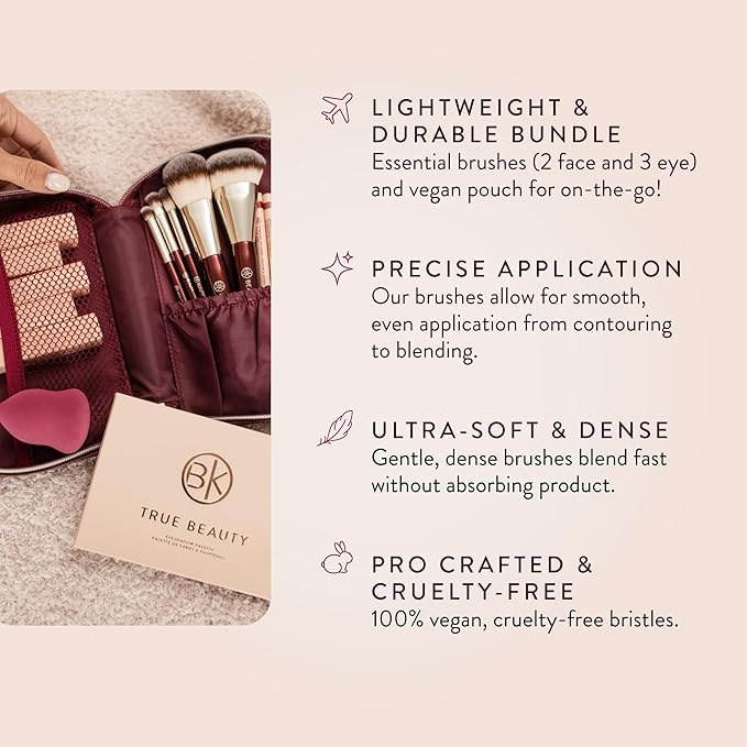 BK BEAUTY Travel Brush Set with Pouch 5-Piece Vegan, Cruelty-Free Brushes for Face & Eyes | Lightweight, Durable Makeup Brushes in Vegan Leather Pouch Perfect Travel-Size Makeup Brush Set