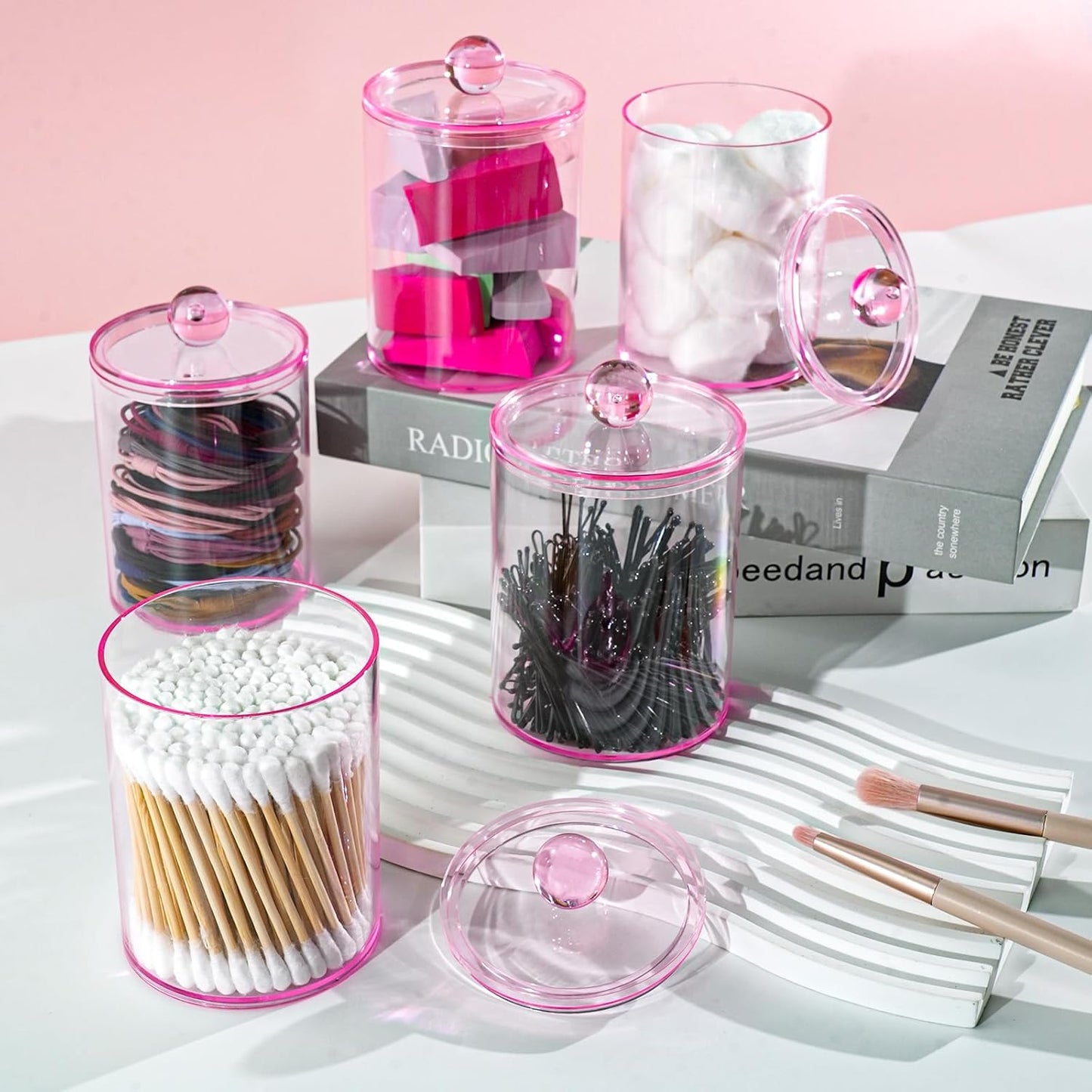 6 Pack Qtip Holder,Canister Apothecary Jar Set, Bathroom Jars with Lids Set for Cotton Swabs, Balls, Pads, Floss Picks,10oz-12oz Plastic Canisters Restroom Bedroom Vanity Organizer(Pink)