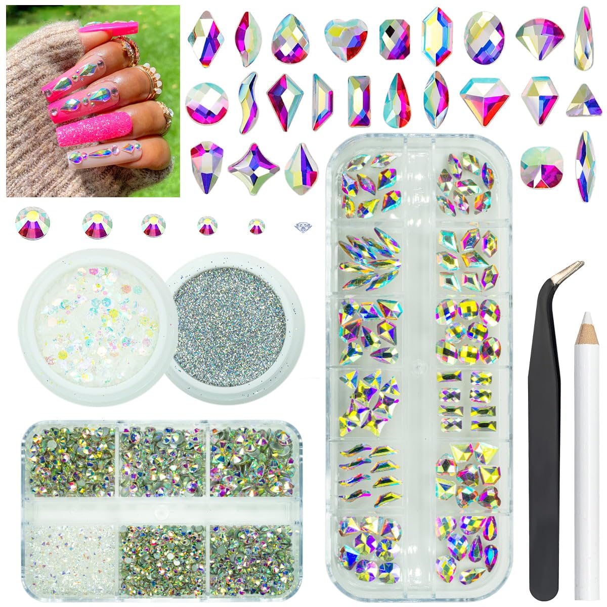4 Boxes AB Crystal Nail Rhinestones Glitters Powder 24 Shapes K9 Glass White AB Gems Flatback Round Stones Diamonds Crystals Nail Art Charms Supplies for Acrylic Nails Face Makeup DIY Crafts Tumblers