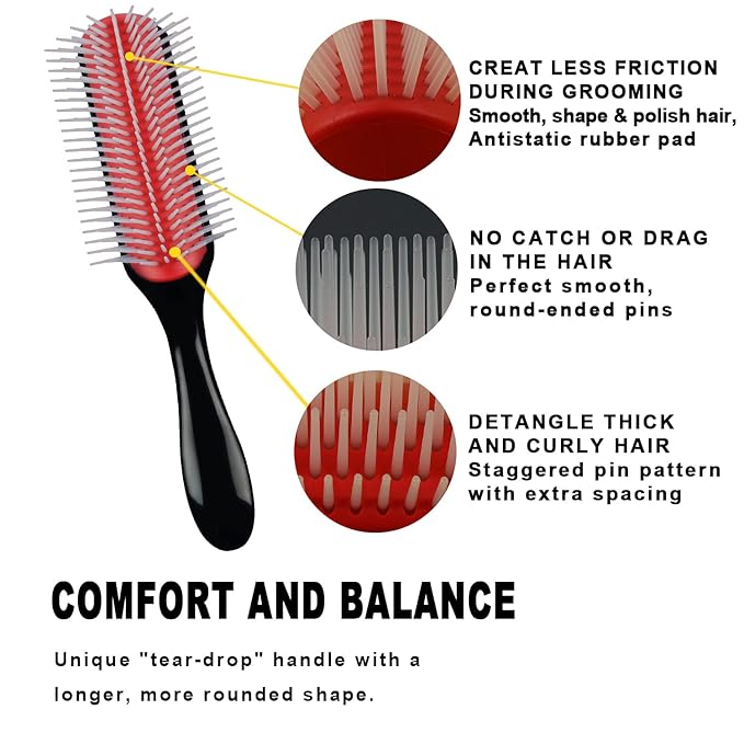 Classic Styling Hair Brush for Wet or Dry Curly Hair. 9 Row Black Brush for Detangling, Separating, Shaping