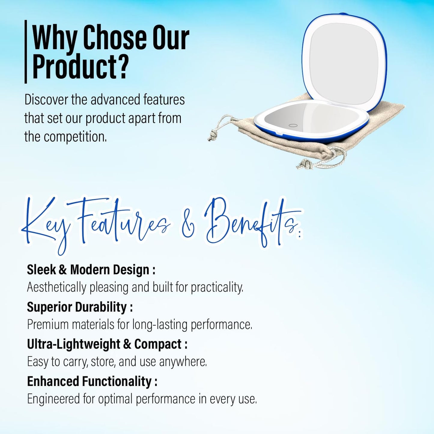 LED Compact Mirror – 1x & 10x Magnification | Travel Makeup Mirror with Adjustable Lighting | Handheld & Pocket-Sized Portable Mirror with Protective Pouch (Blue)