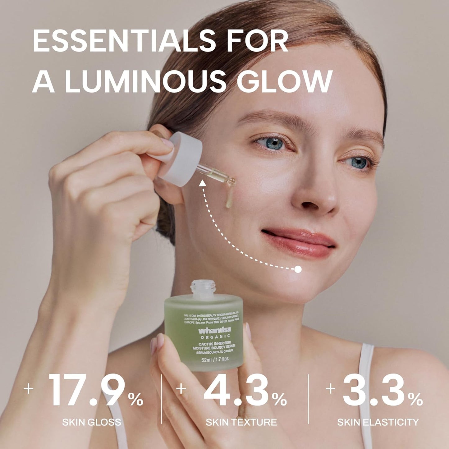 Whamisa Organic Cactus Bouncy Serum, 48 hrs Inner Skin Moisture, 72 hrs Hydrating and Moisturizing, Postbiotics, Facial Ampoule (52ml)