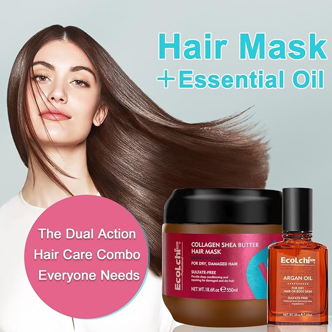 Collagen Hair Mask Shea Butter & Argan Oil Hair Serum Set - Deep Conditioning Hair Treatment Mask Organic Natural Essence for Dry Damaged Hair