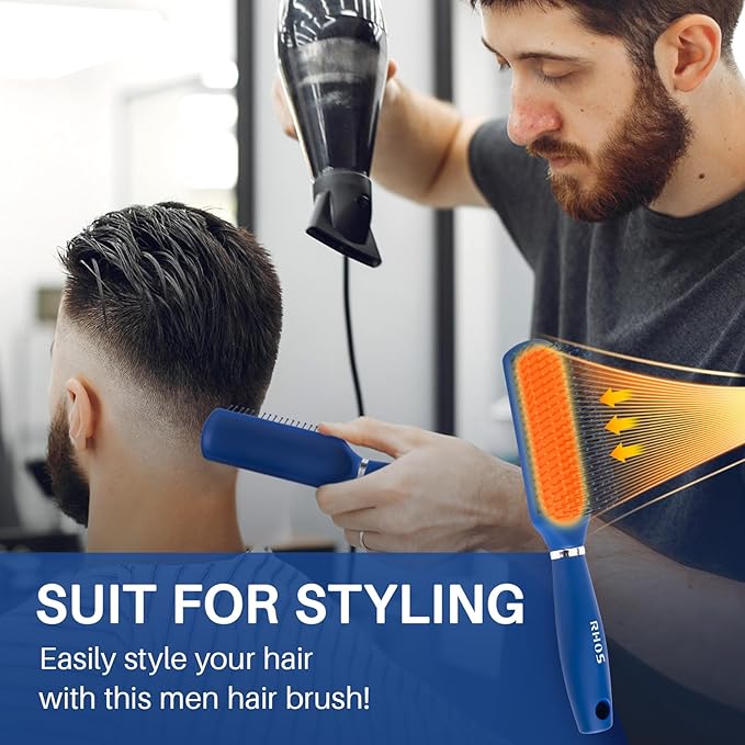 RHOS Hair Brush for Men - Detangler and Styling Brush with Nylon Bristles for Wet and Dry Hair, Massage Function, Suitable for Bangs, Thin, Short, and Thick Hair (1 Pack - Blue)