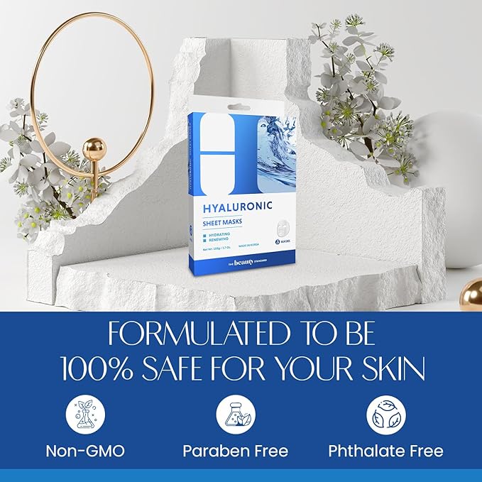 Hyaluronic Acid Sheet Face Mask - Skin Firming, Anti-Aging, Moisturizes & Plumps Skin - Dermatologist Tested, Cruelty-Free Korean Skin Care for All Skin Types - 5 Masks