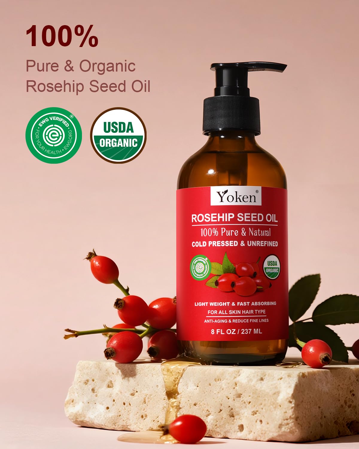 Yoken Rosehip Seed Oil Organic, USDA Certified 100% Pure Rosehip Oils for Face, Hair & Body, 8 fl oz Cold Pressed Rose Hip oil for Skin Moisturizing, Scar Fading, Gua Sha, Massage, Carrier Oil DIY