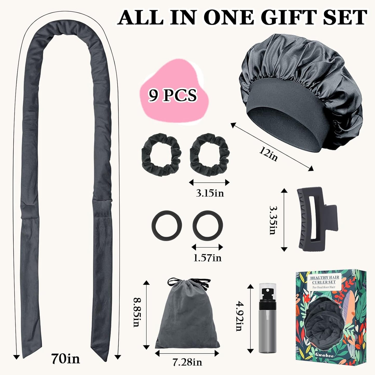 No Heat Overnight Hair Curlers Headband, 70" Soft Ribbon Curl Wrap for Long Hair - 9 PCS Curling Rods Set - Grey