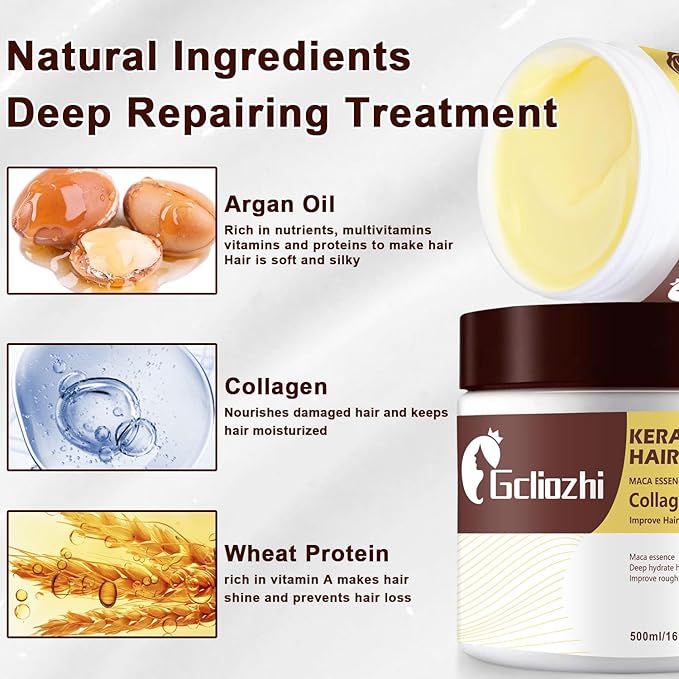 Collagen Hair treatment for Damaged Hair - 500ml Hair Collagen Mask Keratin Hair Mask Protein & Coconut Oil Deep Repair Conditioning Argan Oil Treatment for Curly or Straight Thin Fine Hair (500ml)