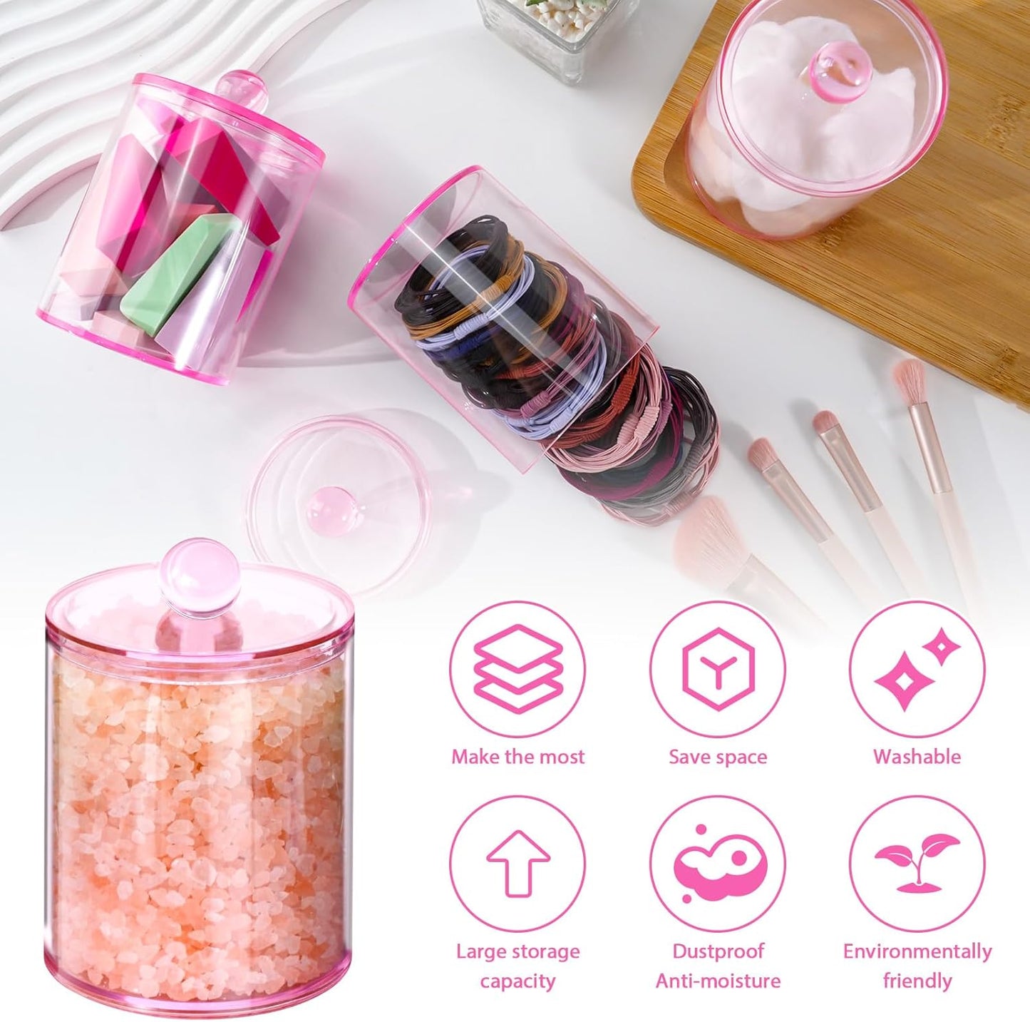 6 Pack Qtip Holder,Canister Apothecary Jar Set, Bathroom Jars with Lids Set for Cotton Swabs, Balls, Pads, Floss Picks,10oz-12oz Plastic Canisters Restroom Bedroom Vanity Organizer(Pink)