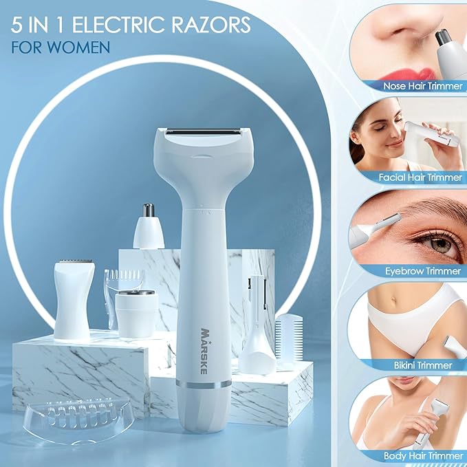 5 in 1 Facial Hair Removal and Bikini Hair Trimmer for Women, Nose Eyebrow pubic Hair Trimmer,Replaceable Electric Razors, Waterproof Electric Shaver Easy Cleaning, Women's Grooming Kit