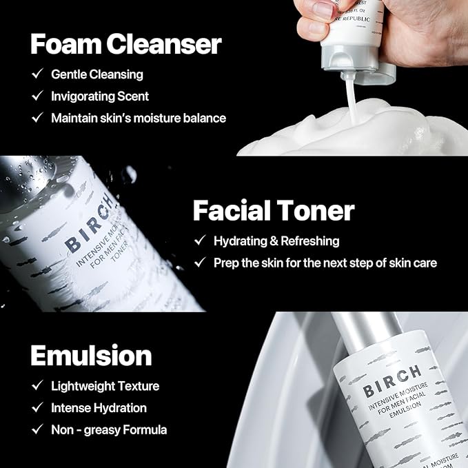 Nature Republic Birch Intensive for Men Skin Care Kit, Face Wash & Moisturizer for Hydrated Skin, Facial Toner (4.05 Fl.Oz) Emulsion (4.05 Fl.Oz) Cleaner (3.38 Fl.Oz), Korean Gift Sets