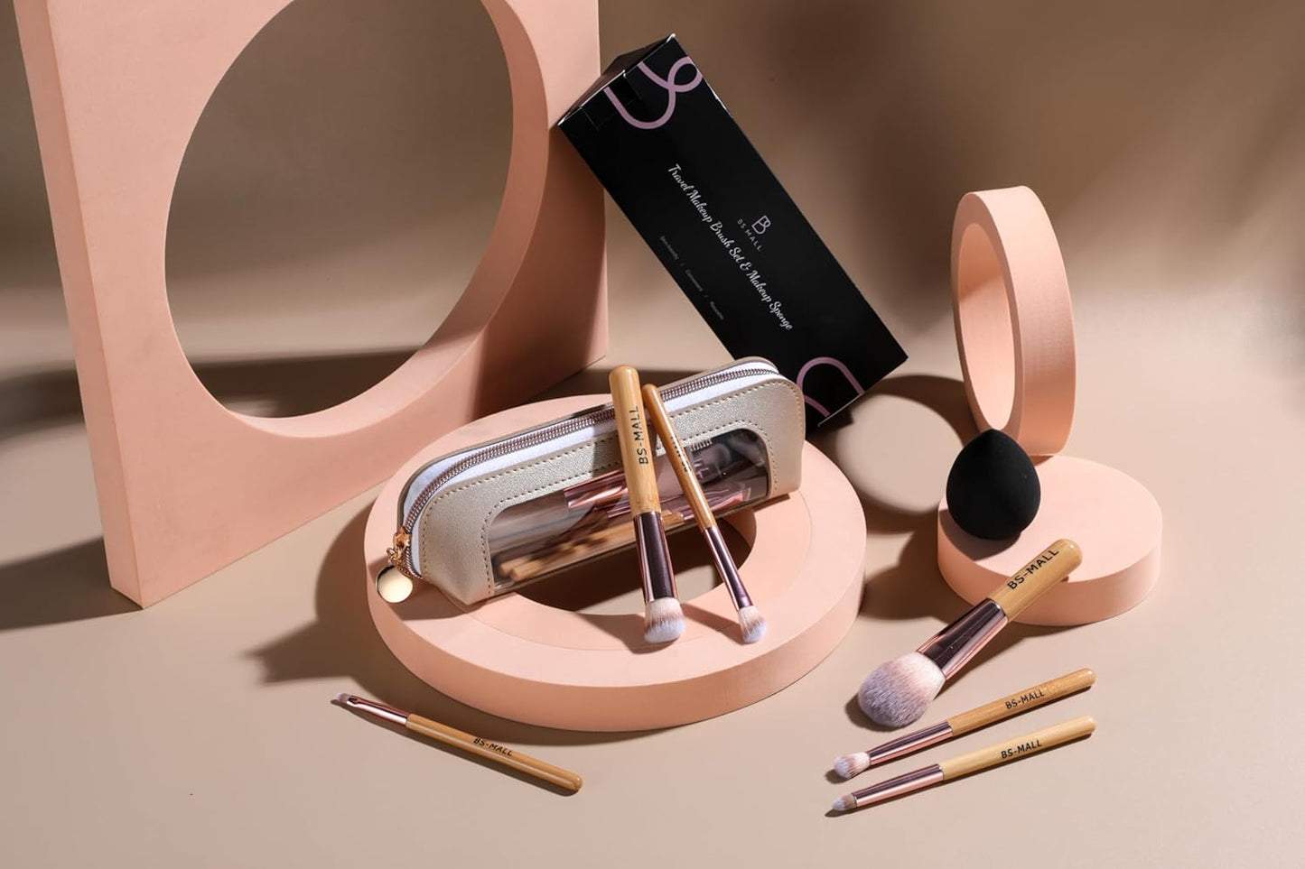 BS-MALL 14 Pcs Makeup Brushes Set with 1 Pcs Makeup Sponge – Essential Foundation Powder Concealers, Eye Shadows, Blush Makeup Brushes with Travel Makeup Case (Bamboo)