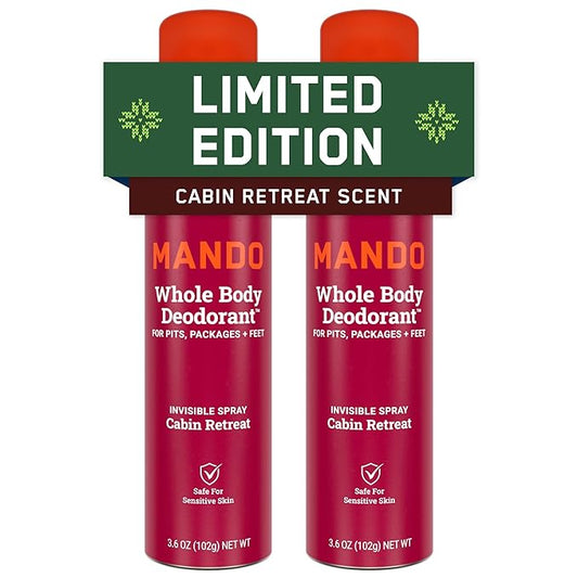 Mando Whole Body Deodorant For Men - Invisible Spray Deodorant - 72 Hour Odor Control - Low Irritation Formula - Aluminum Free, Benzene Free - 3.6 ounce Cans (Pack of 2) - Cabin Retreat
