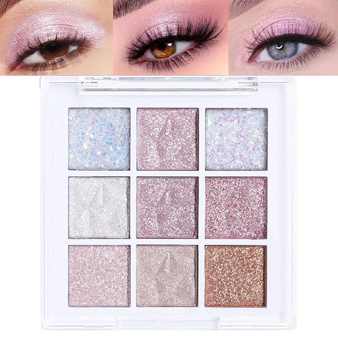 Pink White Glitter Shimmer Sparkle Eye Shadow Palette, Warm Pastel 9 Colors Sparkle eyeshadow Palette Makeup,Colorful Long Lasting Waterproof Naturing-Looking (ice glitter)