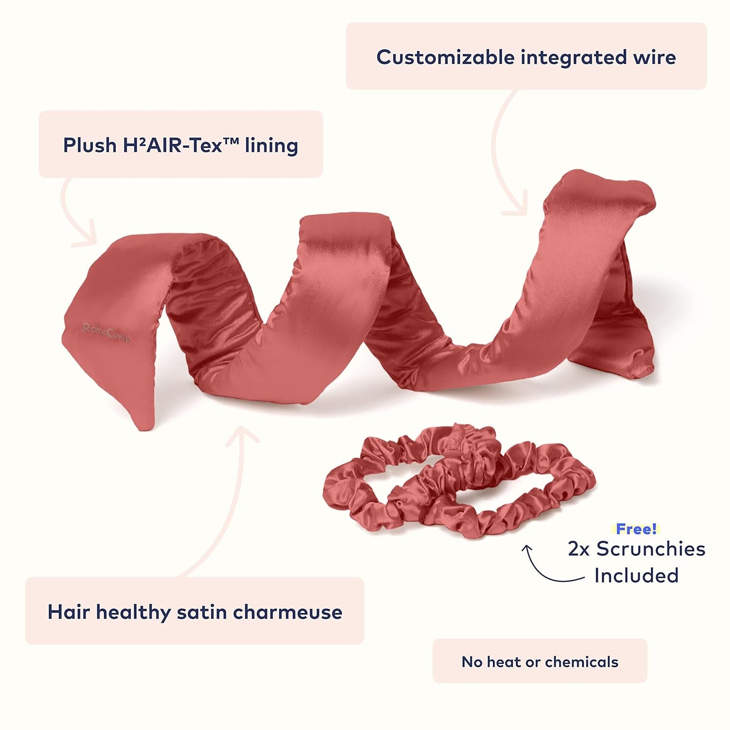 RobeCurls Heatless Hair Curler Set - Satin Curling Headband for Natural, No-Heat Curls - Sleep in Overnight Styling Tool with 2 Scrunchies - Easy & Gentle on Hair (Rose)