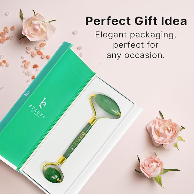 Beauty by Earth Jade Roller for Face - Smoothes Fine Lines & Wrinkles, Face Massager Skin Care Tools with Small Eye Roller for Puffy Eyes, De-Puffing & Firming Facial Tool, Self Care Gifts for Women