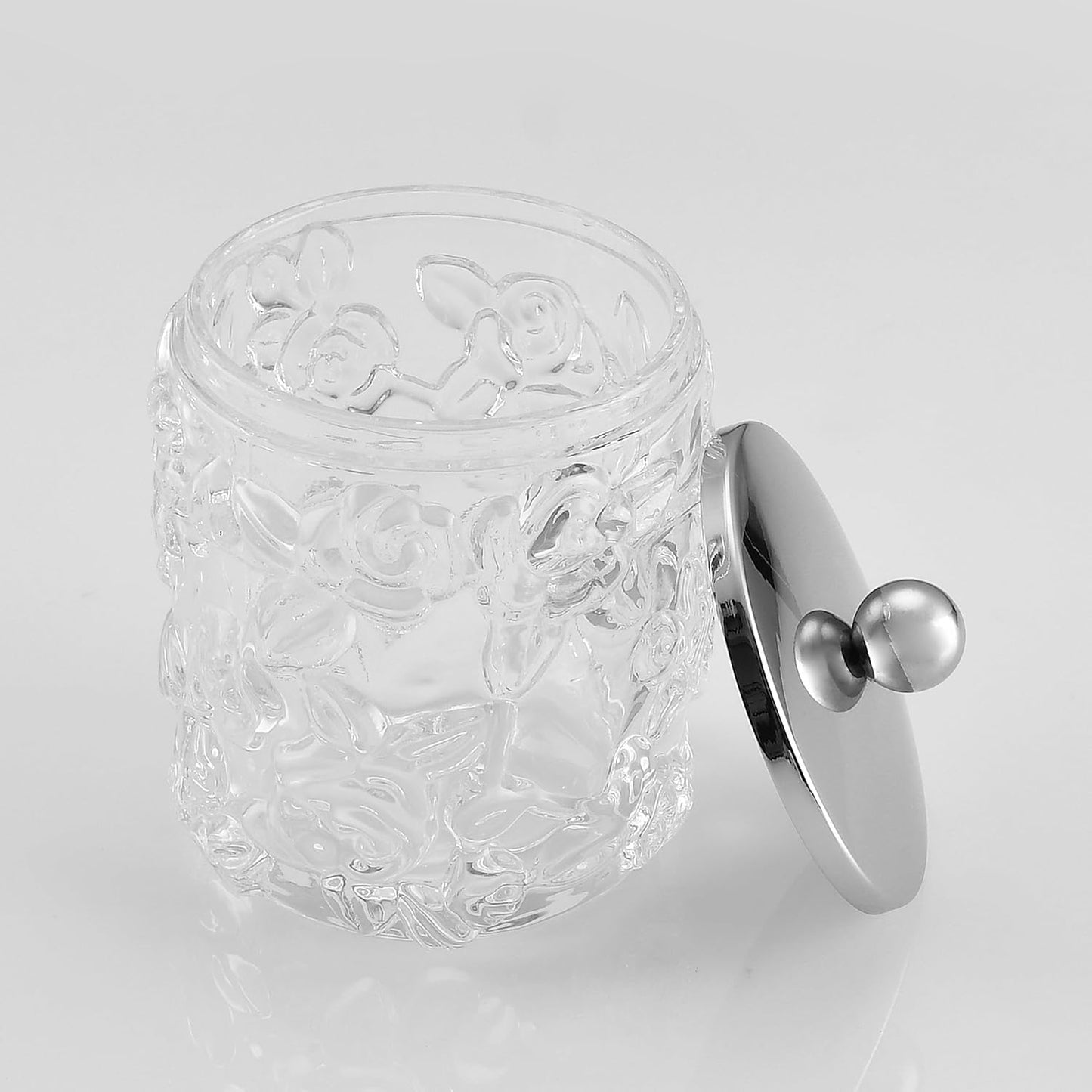 Home Glass Cotton Jar Holder Silver Lid, Elegant Bathroom Storage Canister for Qtips, Cotton Balls, Floss, Makeup Organizer, Vanity Bathroom Organization