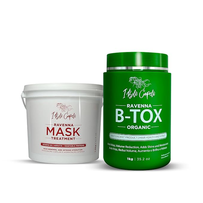Ravenna B-tox Organic Kit - Hair Treatment (1 Kg/35.2 Fl Oz) Formaldehyde-Free + Mask for Damaged Hair (1,5 Kg/ 52.9 fl oz) - Straightening, Intense Shine & Moisture for All Types