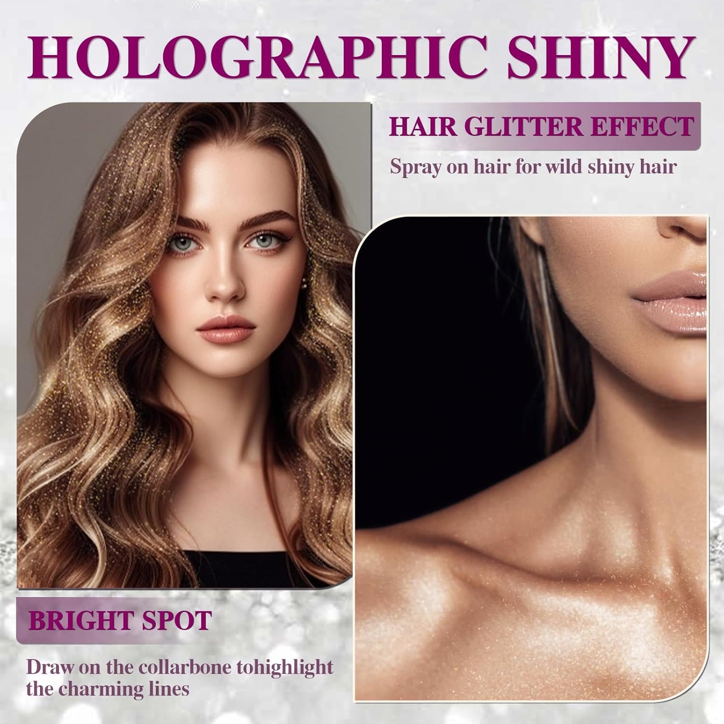 Body Glitter Spray for Hair and Body (2x5.14 Fl Oz), Shiny Glitter Spray for Clothes, Long-Lasting and Quick-Drying Holographic Glitter Hairspray for Kids Women, Stage, Festival Rave and Makeup Prom