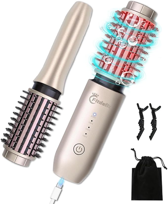 Cordless Hair Curling Iron Brush, 1.5" Mini Cordless Hair Curler, 3-in-1 Travel Curling Brush Hair Straightener Comb Rechargeable, 7000mAh Portable Ionic Heated Curling, Gold