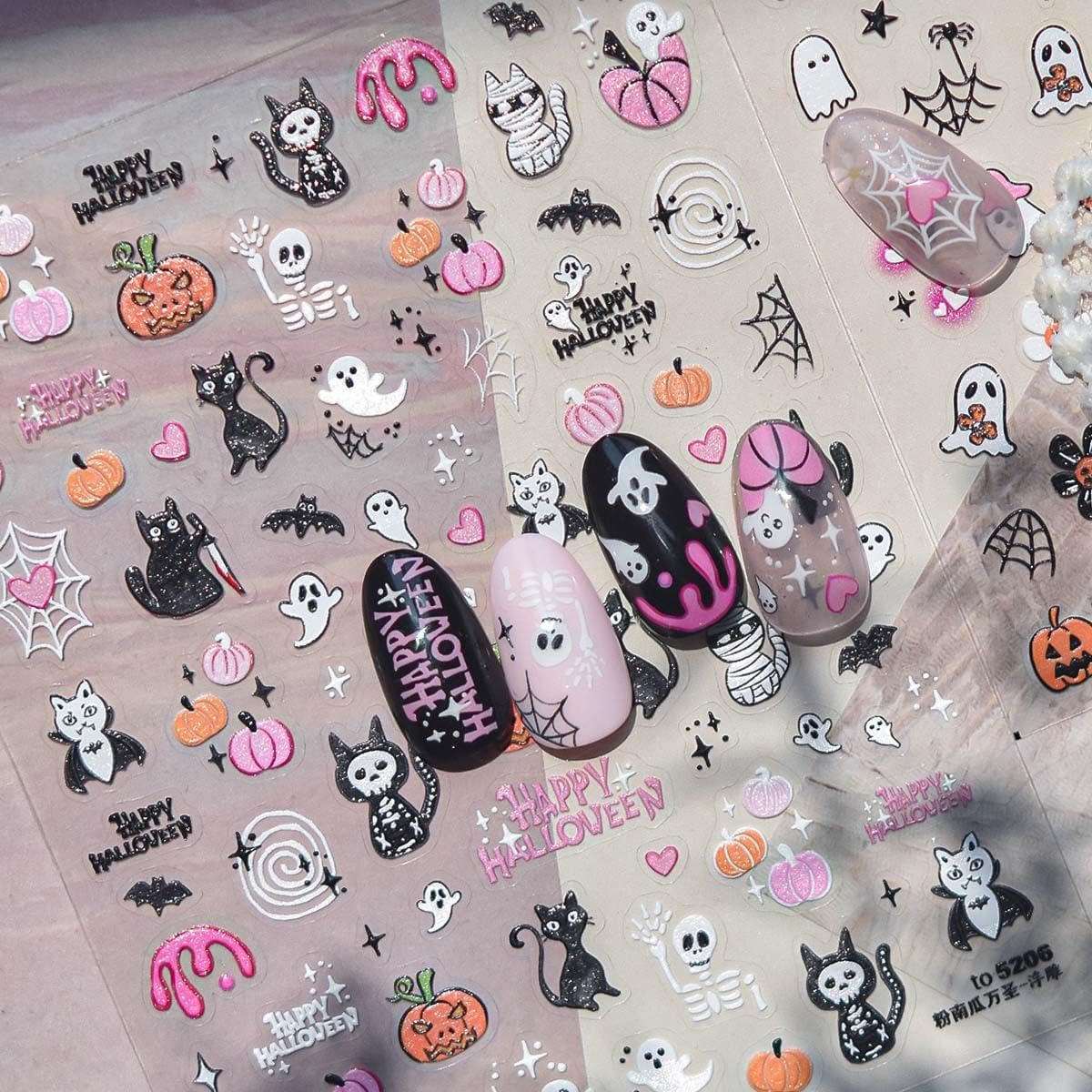 1Sheet 5D Halloween Nail Art Stickers Cute Spooky Pumpkin Nail Decals 3D Self-Adhesive Nail Supplies Spider Web Bat Ghosts Cat Halloween Nails Design for Women Holiday Nails DIY French Manicure Decor