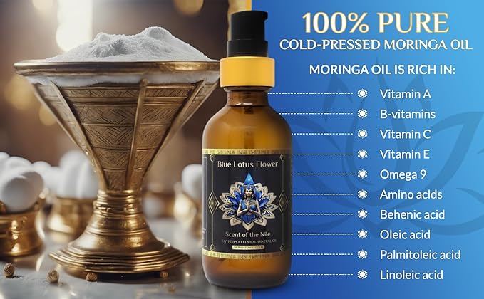 Pharoah - 100% Pure Moringa Oil blended with Leather, and Sweet Tobacco Essential oils and infused with Egyptian Ormus Gold - Pure Moringa Seed oil - Scent of The Nile - 2oz. (60 Ml)