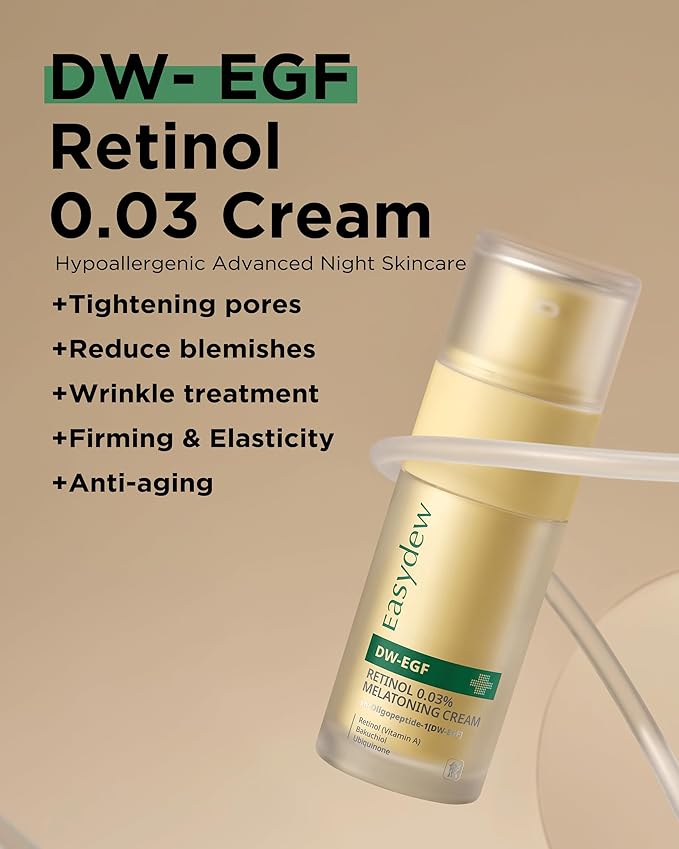 EASYDEW DW-EGF Peptide Retinol 0.03% Cream – Beginner Retinol Night Cream for Hypoallergenic Skin Care - Firm Skin, Wrinkle Improvement - Korean Daily Anti Aging Face & Neck Treatment, 1.01fl. oz.