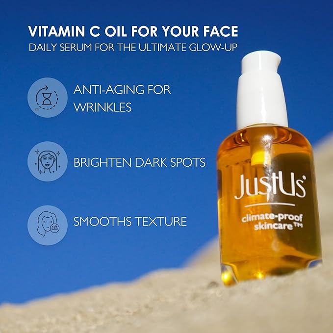 JustUs Skincare, Brilliance - Vitamin C Oil Serum for Face, reduce age spots, discoloration, and hyperpigmentation, Vitamin C with Teprenone, Borage + Tetrahexldecyl Ascorbate - 30ml / 1 oz