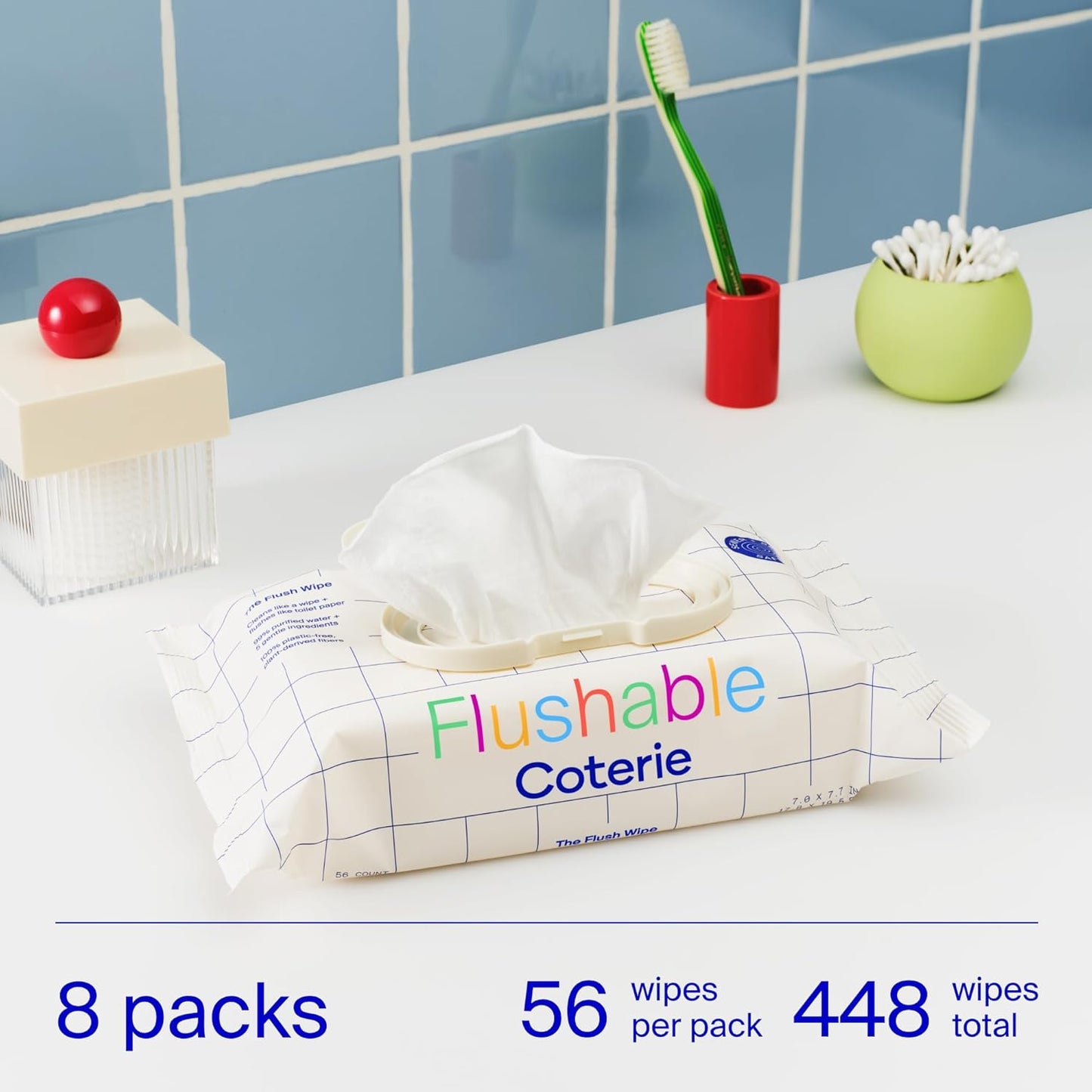 Coterie Flushable Wipes for Sensitive Skin, Hypoallergenic, 99% Water, Plant-Based Fibers, Sewer + Septic Safe to Flush, Fragrance Free, Designed for Potty Training | 8 Packs (448 Wipes)