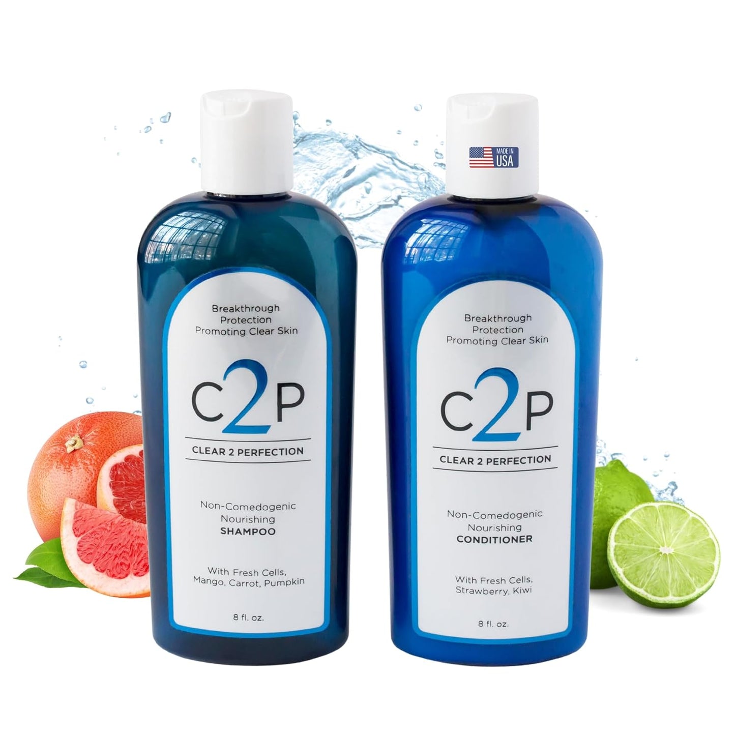 Non-Comedogenic & Sulfate-Free Shampoo & Conditioner Set by Clear 2 Perfection, Ideal for Acne-Prone Skin & Bacne, Esthetician Developed, Fights Breakouts & Promotes Healthy Hair