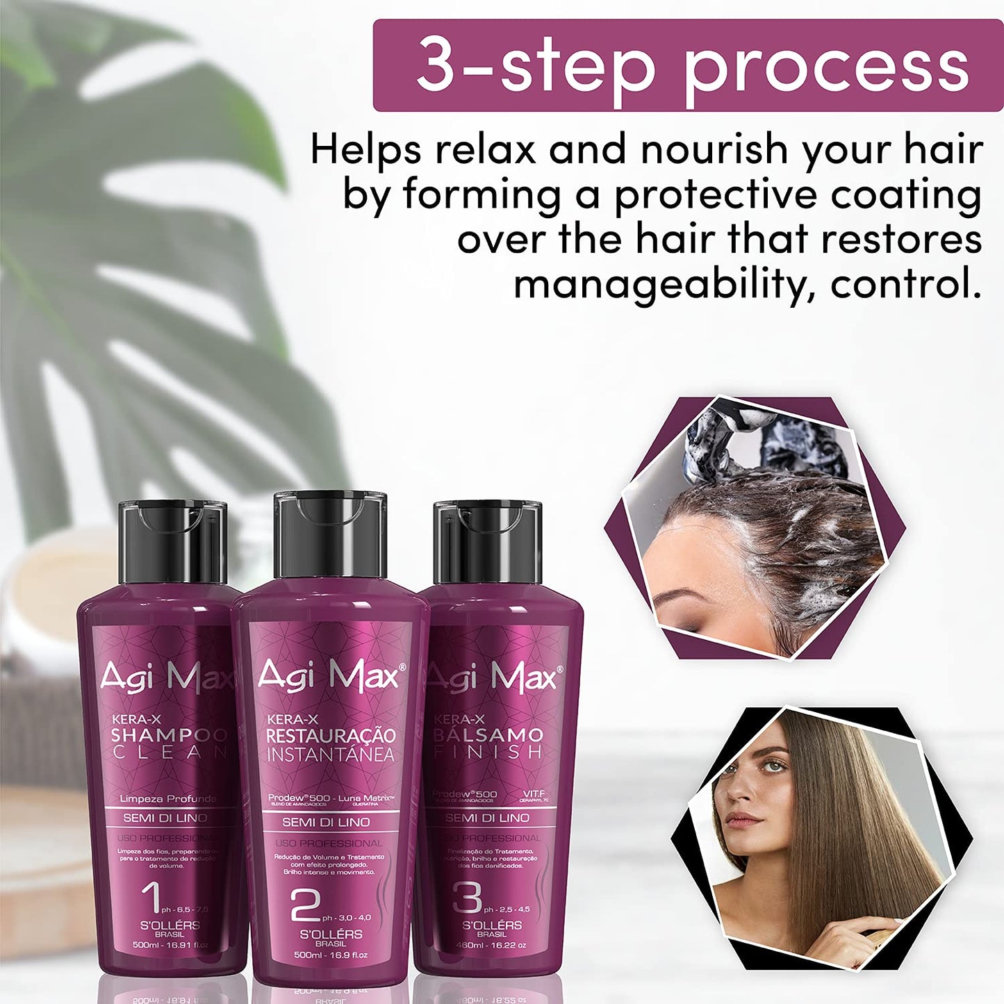 Brazilian Natural Keratin Hair Treatment Kit for Straightening Curls and Frizz, Reducing Dry Damage, Nourish and Hydrate Root to Tip, Support Color Treated Styles - 1 liter 3 Steps 3 x 500ml